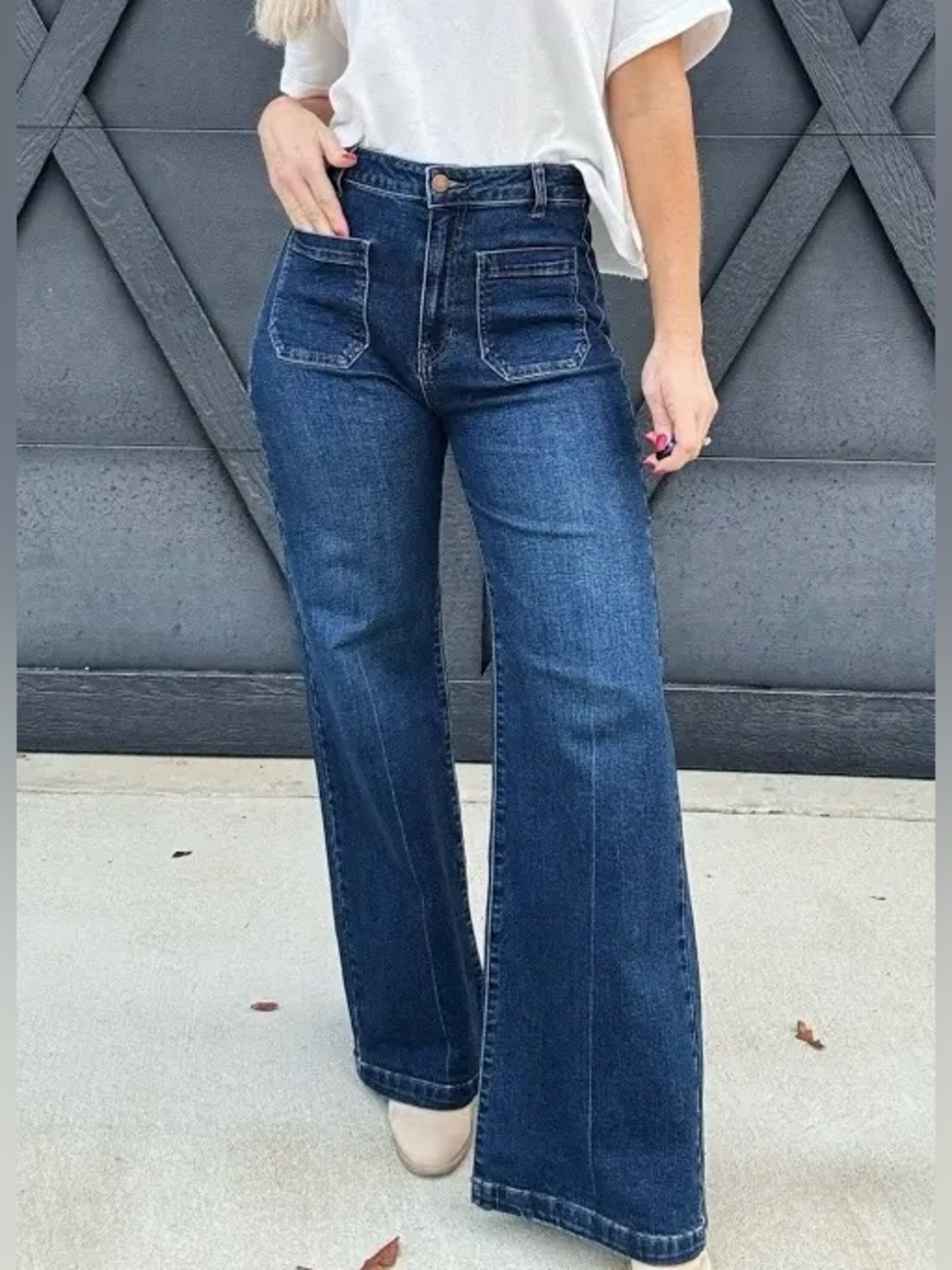 LTJ Letter To Juliet Bianca High Rise Wide Leg Patch Pocket Jeans Dark Wash 28